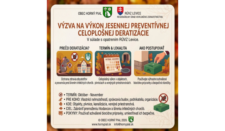  Výzva na výkon jesennej preventívnej celoplošnej deratizácie na území obce Horný Pial