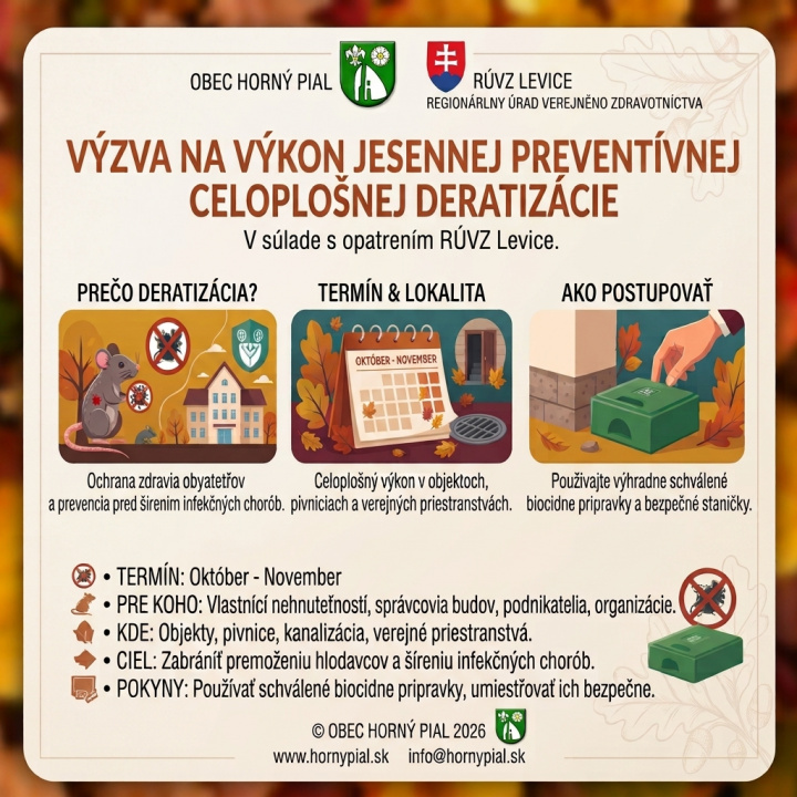  Výzva na výkon jesennej preventívnej celoplošnej deratizácie na území obce Horný Pial